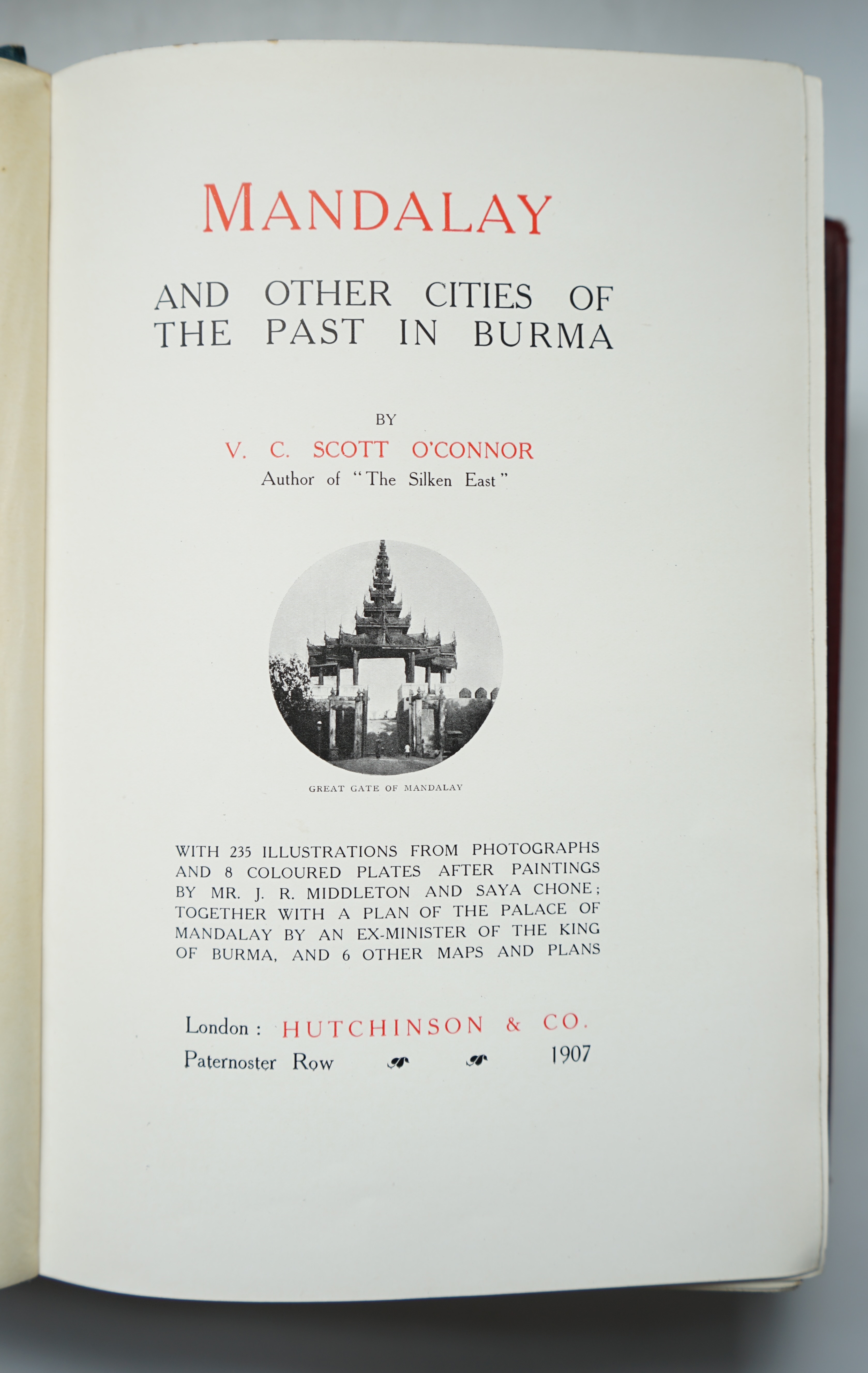 O’Connor. V.C.Scott - The Charm of Kashmir, 16 tipped-in colour plates, 24 plates after photographs, 4to, publisher's cream buckram gilt, lightly soiled, Longmans, Green and Co., London, 1920; Ibid - Mandalay and other C